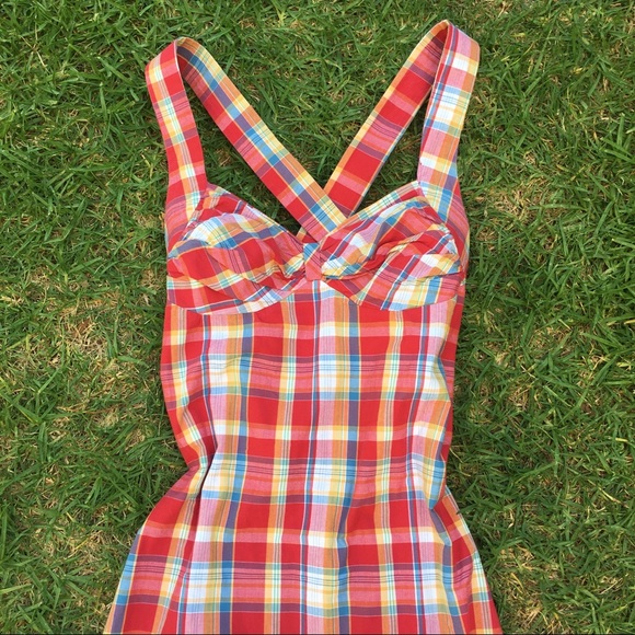 90’s Primary Color Plaid A-Line Sun Dress~ - Picture 3 of 7
